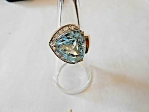 Heavy 14K Yellow Gold Unique Cut 13mm Stepped Blue Topaz Diamond Cocktail Ring - Picture 1 of 13