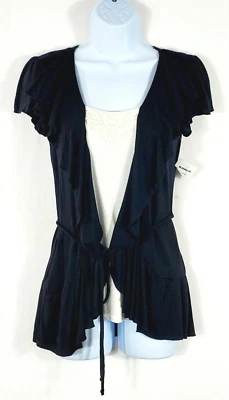 NUEVO Top envolvente para mujer talla S negro con ganchillo sintético marfil con volantes lazo cintura Foto 1 de 4