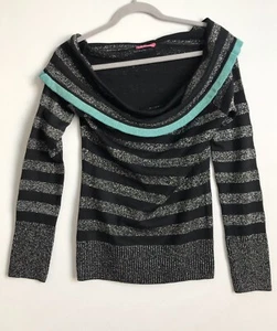 BCBGirls Sweater Girls Medium Black Gray Metallic Striped Pullover Cowl Neck - Picture 1 of 10