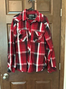 Surplus Men's Size XL Red White & Black Plaid Button Down Shirt Colored Stitch - Picture 1 of 3