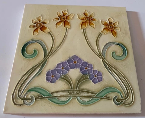 Wow rare ART NOUVEAU Tile purple & yellow Flowers by Morialme NOS Belgium Tegel Cover