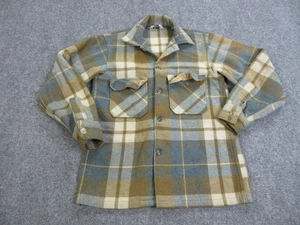 Vintage Woolrich Shirt Jacket Mens 38 Blue Brown Plaid Wool 70s Shacket Outdoors - Picture 1 of 16