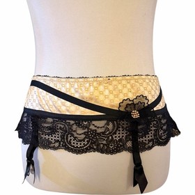 Aubade Women's Black Tan Lace Sheer Garter Belt Lingerie Size L Large