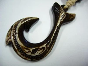 Buffalo Bone White Fish Hook Pendant Adjustable Cord Necklace #30192-17 (QTY 2) - Picture 1 of 2