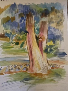 Kleines Aquarell Matisse Impressionist Landschaftsgemälde auf Papier Original 9x12 - Bild 1 von 1