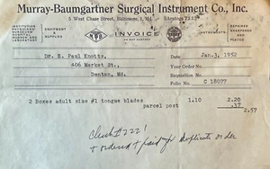 Baltimore Maryland Vintage Billhead Murray Baumgartner Surgical Instrument 1952 - Picture 1 of 2