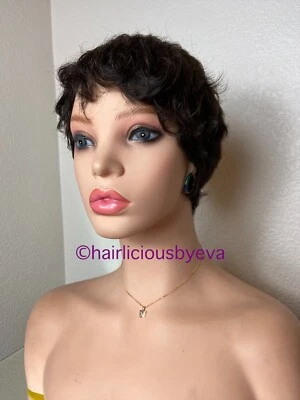Human Hair Short Pixie Wig Buzz Cut Curly Dark Brown Color 2 - Image 1 of 4