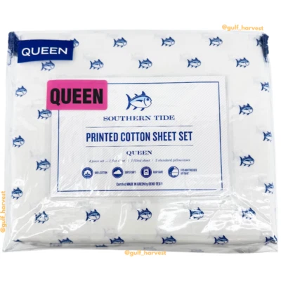 Southern Tide Printed Skipjack Logo Pattern Cotton Sheet Set - White, Queen Size - Image 1 of 4