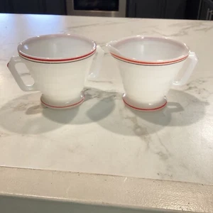 Hazel Atlas Moderntone Platonite White W/Red Black Stripe Sugar & Creamer - Picture 1 of 9