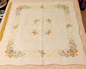 Vtg Hand Embroidered Butterfly Tablecloth Blue Orange Yellow Approx 33"X33" READ - Picture 1 of 12