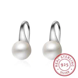 Pendientes colgantes de plata de ley 925 pura para mujer redondos naturales de perlas de agua dulce H... - Imagen 1 de 6