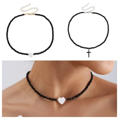 925 Placcato Argento Croce Sentire Catena Cristallo Nero Perline Collana Regalo - Immagine 1 di 4