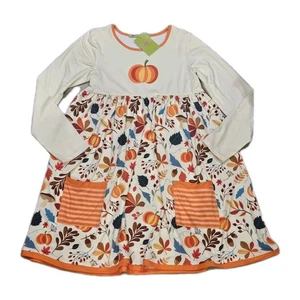 New Millie Loves Lily Girl Thanksgiving Pumpkin Leaves Fall Long Sleeve Dress 12 - Picture 1 of 4