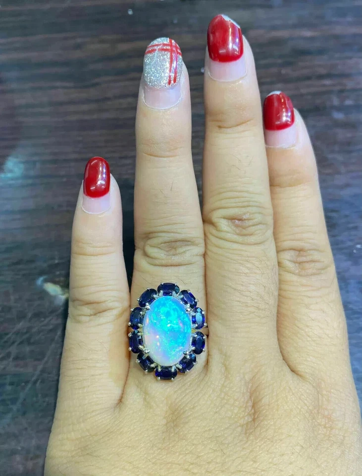 Fire Opal 6Ct Oval Cut Halo Engagement Ring 14K White Gold Plated Silver - Image 1 of 4