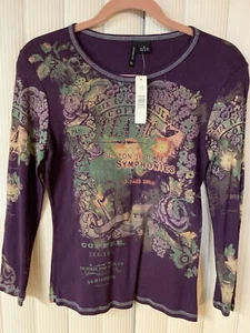 NWT New Direction Women’s Top, Size S, Plum, LS, Embellished, Graffiti, Knit - Picture 1 of 8