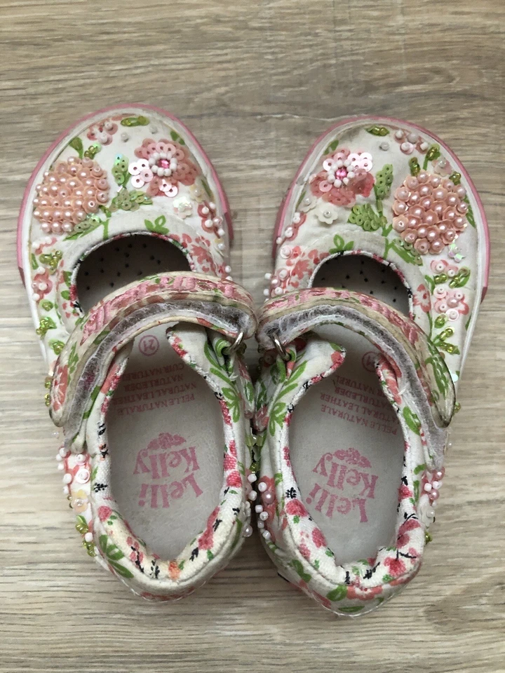 Lelli Kelly Toddler Girl Shoes Floral Beaded Size 21 US Size 5 Pink Green White - Image 1 of 4