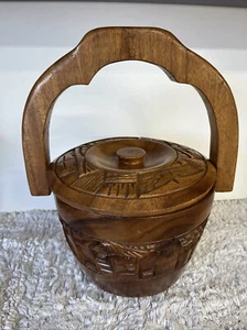 Vintage Hand Carved Teak Wooden Ice Bucket W/ Handle & Lid - Picture 1 of 16