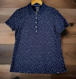 LL BEAN Shirt Women's Small Polo Blue White Polka Dots Casual Top Collar Stretch - Picture 1 of 9