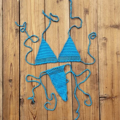 Micro Traje de baño de ganchillo a mano para mujer Mini conjunto de bikini lencería sexy extrema algodón Foto 1 de 4