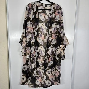 Live4 Truth Open Bell Sleeve Light Cardigan Womans 2X Black pink Floral Sheer - Picture 1 of 7