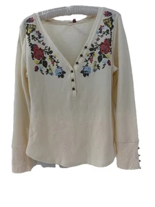 PILCRO Anthropologie Henley Top Petite Sz LP Ivory Embroidered Orange Green NEW - Picture 1 of 14