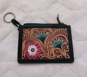 Western Tooled Leather Floral Card Key Holder Mini Wallet With Zipper Ppocket - Picture 1 of 8