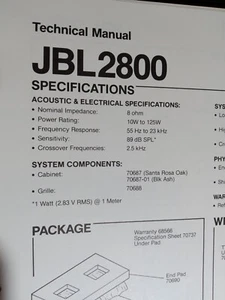 JBL 2800 Manuale di servizio altoparlanti Schema specifiche originali - Foto 1 di 3