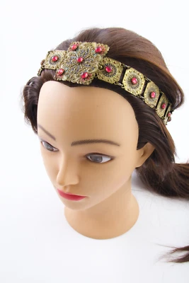 Faixa de cabeça vintage antiga art nouveau ornamentada tcheca latão esmaltado e vidro boêmio - Imagem 1 de 4