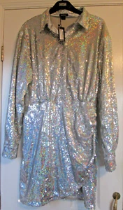 BNWT BooHoo Dress, a Silver Holographic Sequin drape shirt dress UK 18 - Picture 1 of 5