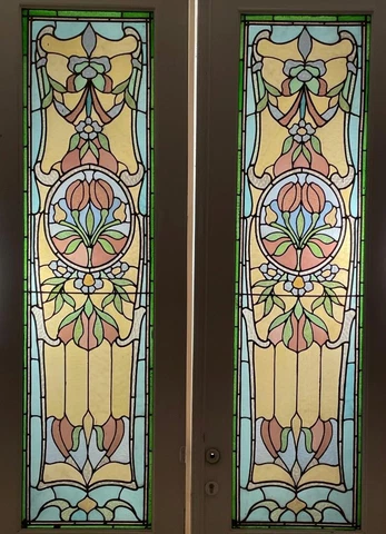 Pair of 112" Tall French Antique Art Nouveau Leaded/Stained Glass Window/Doors Cover