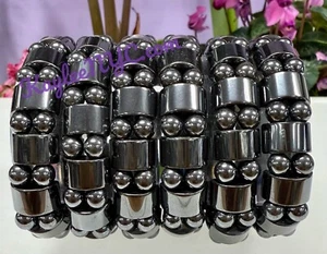 Wholesale 6 Pcs Natural Hematite 7.5” Crystal Stretch Healing Bracelet 15mm - Picture 1 of 4