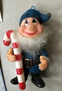 Vintage Flocked Blue Elf Ornament Christmas Beard Candy Cane Gnome Dwarf 4" - Picture 1 of 1
