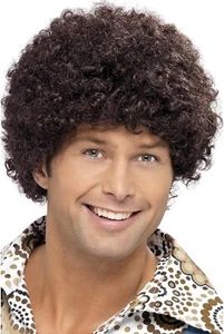 Mens 70s Disco Dude Wig Brown Afro 1970's Disco Fancy Dress Up Wigs OPENED - Picture 1 of 3