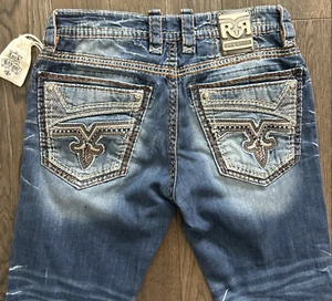 Mens Rock Revival "BERKO" Boot Leather Inserts Double Faux Pockets Jeans 34x31 - Picture 1 of 15