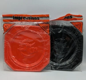 2 Vintage Halloween Orange & Black Embossed Witch Plastic Plates Spooky Beistle - Picture 1 of 9