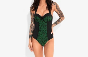TRAJE DE BAÑO GÓTICO SEXY VERDE PANEL DE FLORES HALTER TRAJE DE BAÑO STEAMPUNK M - Imagen 1 de 2