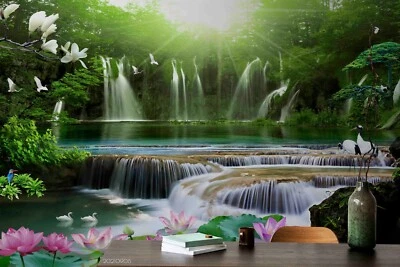 Papel pintado extraíble autoadhesivo 3D Sunshine Forest Waterfall Lotus 333--JN Foto 1 de 4