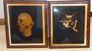 Wooden Black White Cat Kitty Dog Puppy Wall Hanging Picture 14x13" Folk Art Set  - Picture 1 of 12