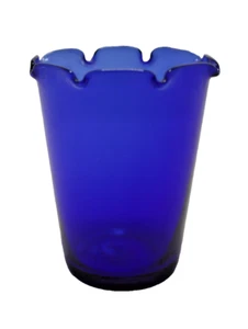 Cobalt Blue Glass Vase Ruffled Rim 3.5" High x 3" Diameter Small Vintage - Picture 1 of 5