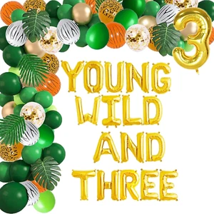 145 Pcs Safari Jungle 3Rd Birthday Party Decorations Gold Young Wild and Three B - Picture 1 of 12
