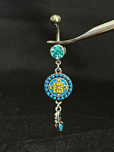 1pc Aztec Turquoise Paved Circle Belly Ring Feather Dangle Navel Naval Piercing