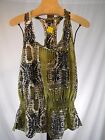 B5 MISSES BLACK GREEN ANIMAL PRINT 100% SILK SMOCKED WAIST BLOUSE BEBE S