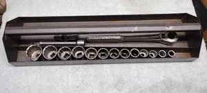 Vtg. 17 pc Craftsman 1/2" Drive Ratchet 6" Extension Universal 13 Sockets & Tray - Picture 1 of 5