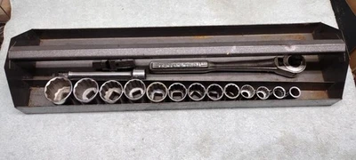 Vtg. 17 pc Craftsman 1/2" Drive Ratchet 6" Extension Universal 13 Sockets & Tray - Image 1 of 4