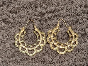 Gold Tone Open Work Dangle Hoop Earrings Pierced - Picture 1 of 11