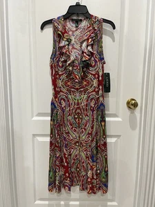Lauren Ralph Lauren Womens Dress Red Size M Ruffle V Neck Sleeveless Cotton - Picture 1 of 12