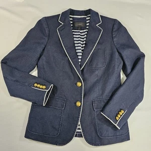 J. Crew Rhodes Blazer Tipped Linen Navy Blue Two Button Blazer Jacket SZ 4 F0928 - Picture 1 of 21