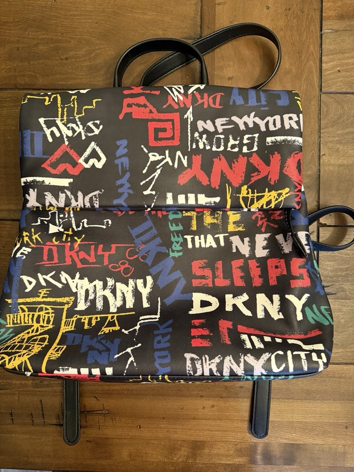 DKNY Tilly Fold Over Backpack Graffiti Logo Black Multicolor $168 MSRP - Image 1 of 4