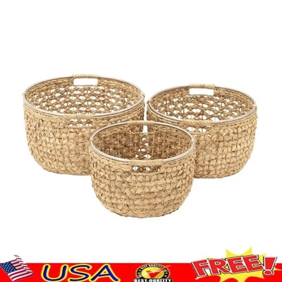 Handmade Seagrass Storage Basket Set of 3 W/Metal Handles Home Organizer Blanket - Изображение 1 из 4