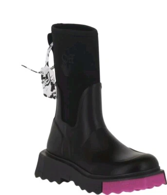 NUEVO CON CAJA BOTAS DE LLUVIA DE GOMA NEGRAS MORADAS ESPONJA OFF-WHITE PARA MUJER TALLA EE. UU. 10/EUR 40 Foto 1 de 4